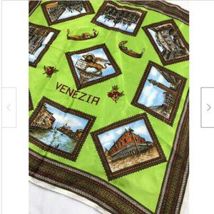 Vintage Venice Venezia Italy Souvenir Bandana Green 20" Square Scarf